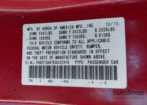 2014 Honda Accord Ex-L V-6 from USA, damaged, VIN 1HGCT2A87EA002416